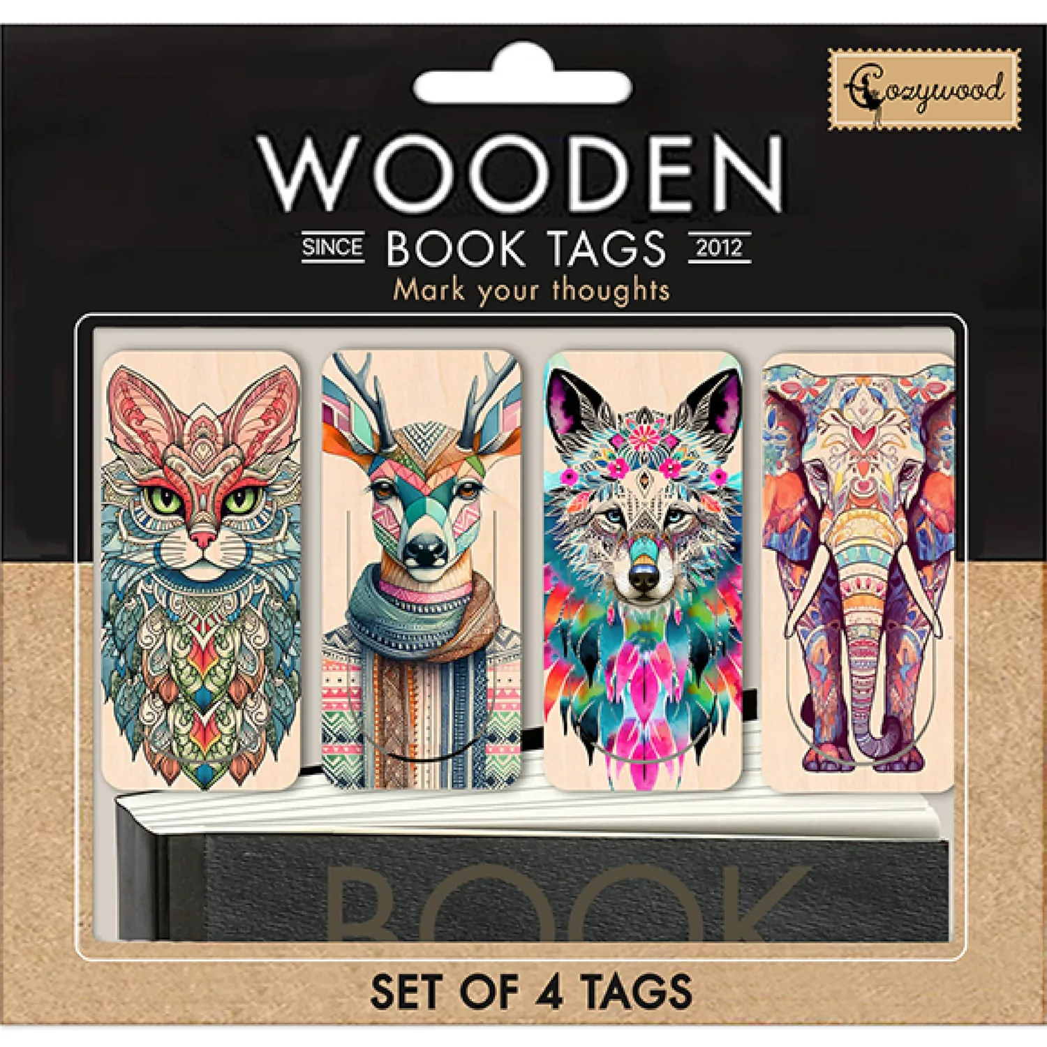 Cozywood lot 4 marque-pages bois double face