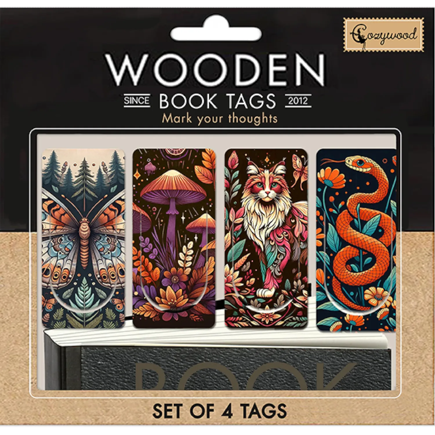 Cozywood lot 4 marque-pages bois double face