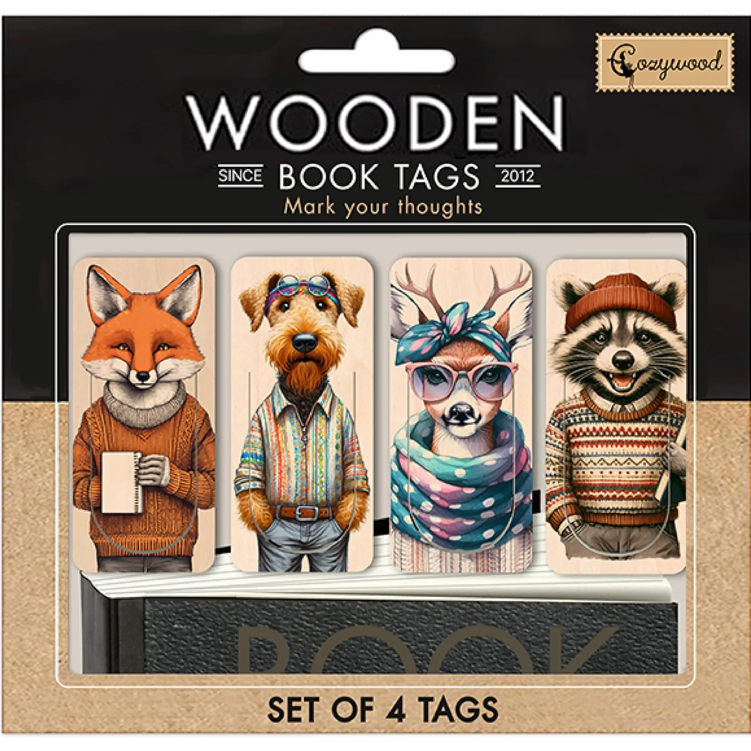 Cozywood lot 4 marque-pages bois double face