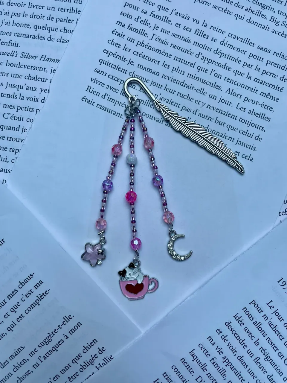 Pages en perles marque-page perles café lune rose fait main